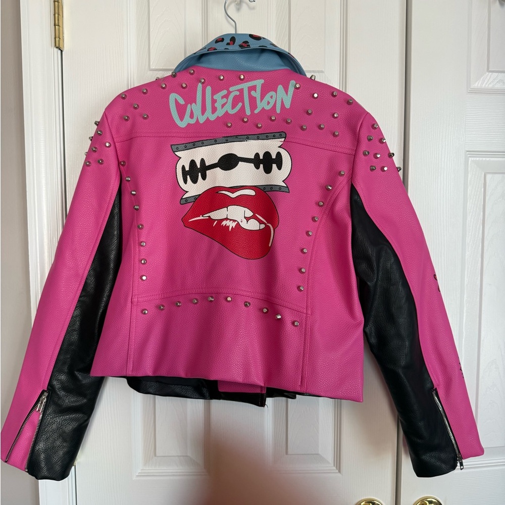 Stylish Vegan Leather Pink and Black Studded Women's Jacket - Picture 6 of 8